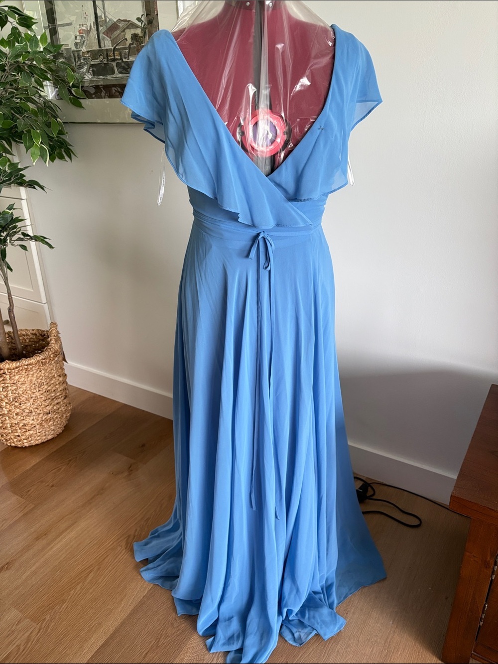 Sky Blue V-Neck Wrap Maxi Dress with Waist Tie